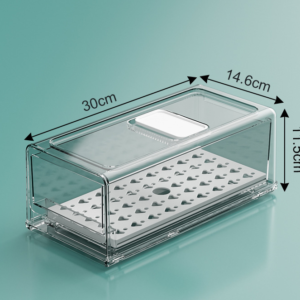 Plastic storage box for food and vegetables for the refrigerator with drainage tray