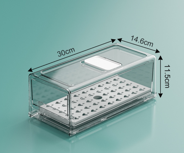 Plastic storage box for food and vegetables for the refrigerator with drainage tray