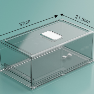 Plastic storage box for food and vegetables for the refrigerator with drainage tray