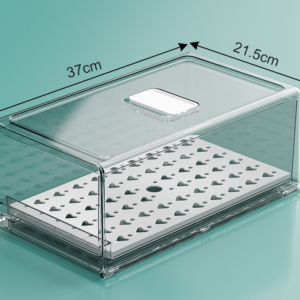 Plastic storage box for food and vegetables for the refrigerator with drainage tray