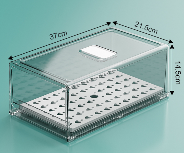 Plastic storage box for food and vegetables for the refrigerator with drainage tray