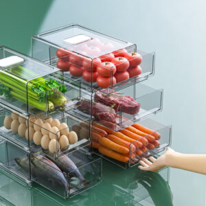 Plastic storage box for food and vegetables for the refrigerator with drainage tray